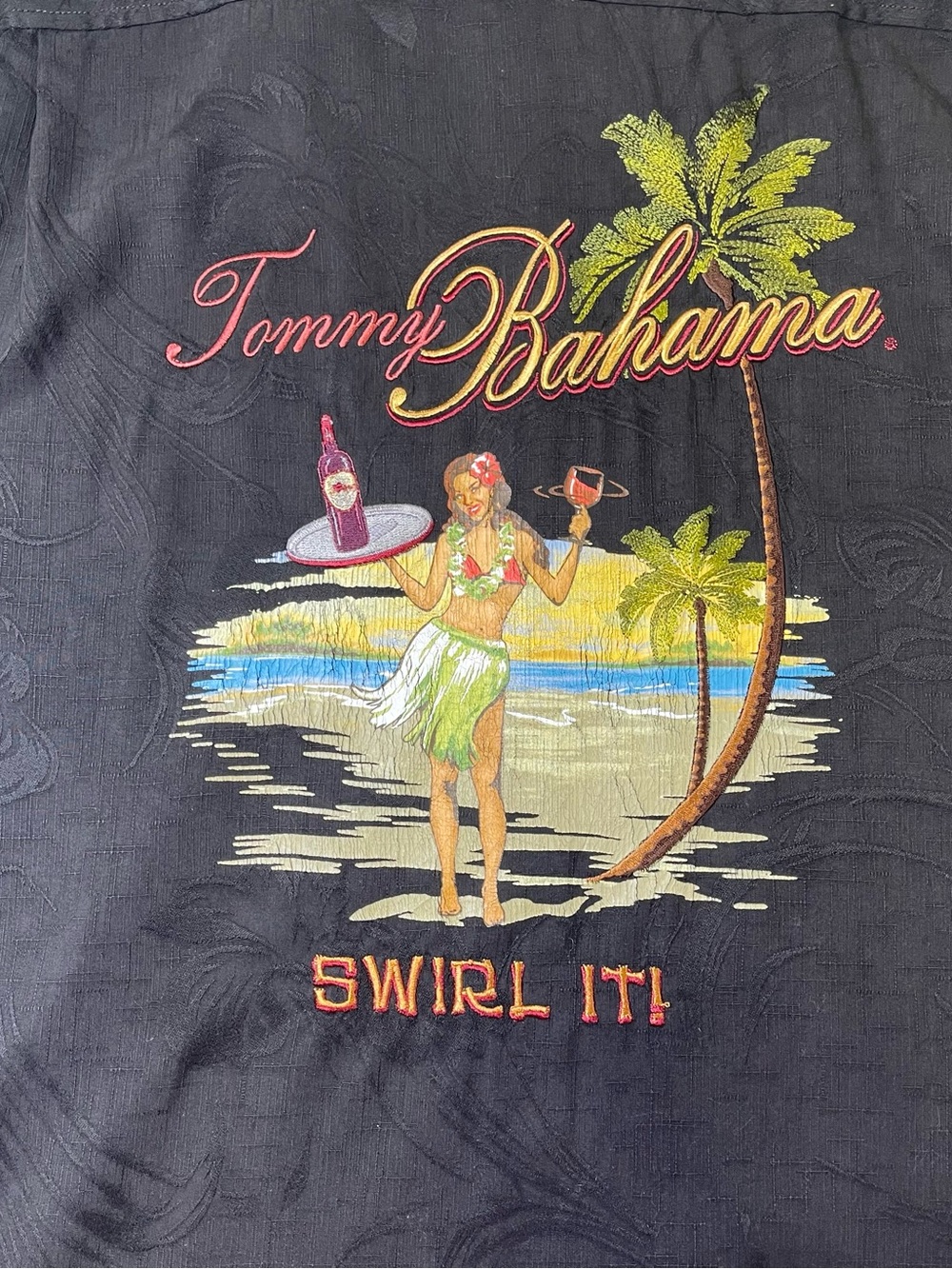 Tommy Bahama Mens L Silk Hawaiian Shirt Swirl It Hula Girl Wine Graphic Black